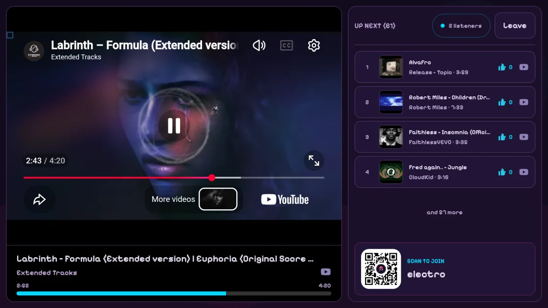 The electro room on Zoff for Android TV, with the music player, shared queue, votes and a QR code to join