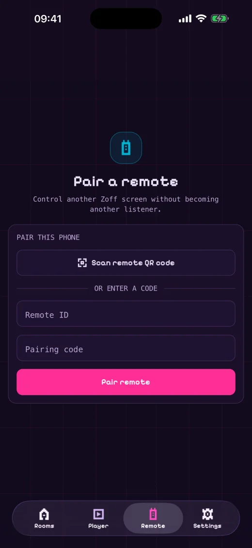 Zoff mobile app pairing a remote using a QR code or pairing code