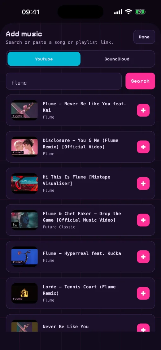 Zoff mobile app searching YouTube and SoundCloud, with song results and add buttons